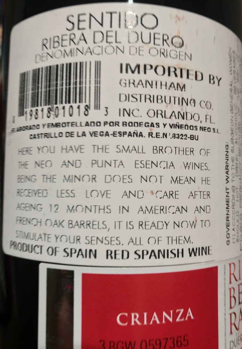 Sentido Back Label