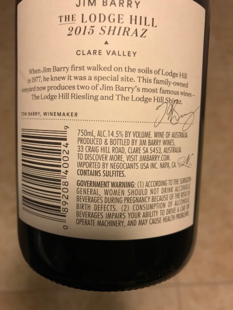 Jim Barry Shiraz Rear